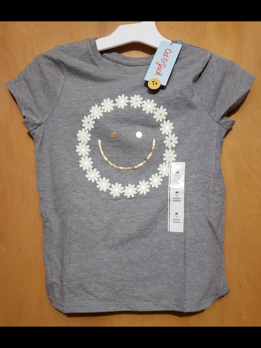 Cat & Jack Gray Tee with Daisy Smile and Gold Foil
